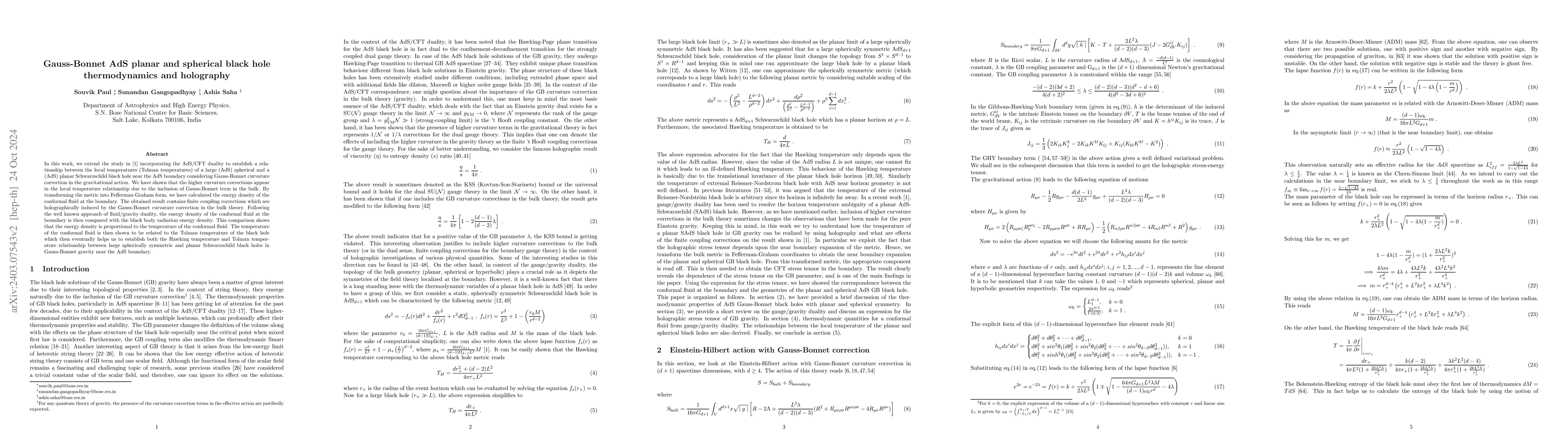 Thumbnail for Gauss-Bonnet $\boldsymbol{AdS}$ planar and spherical black hole
  thermodynamics and holography