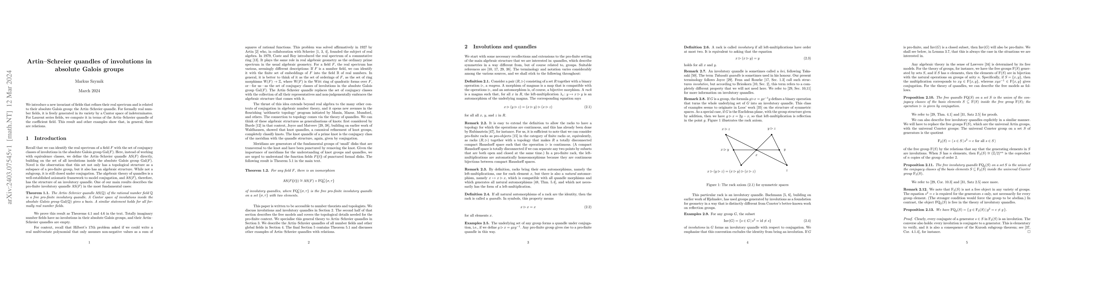 Thumbnail for Artin-Schreier quandles of involutions in absolute Galois groups