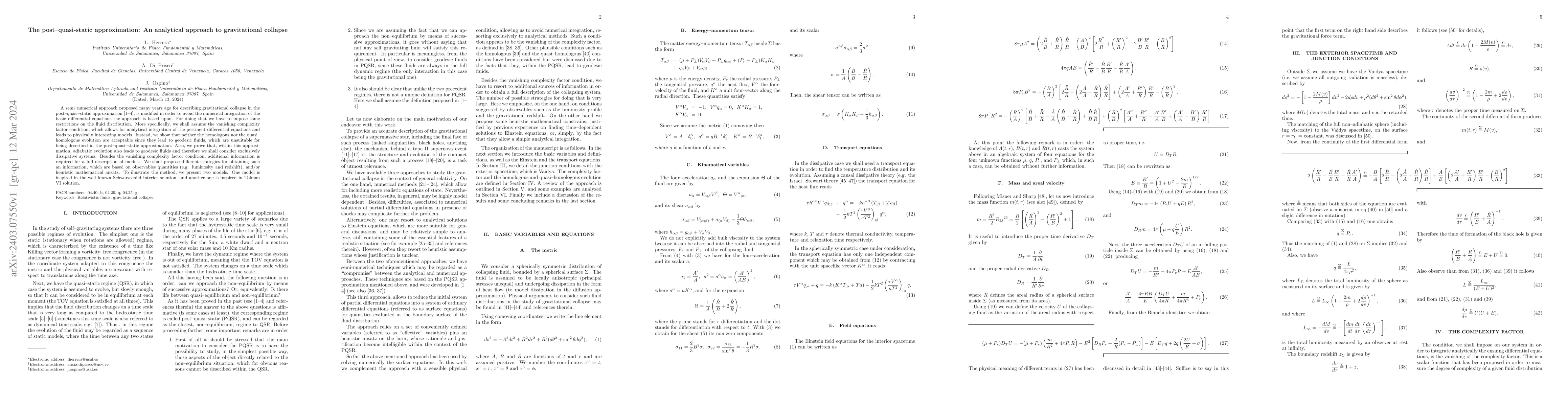 Thumbnail for The post--quasi-static approximation: An analytical approach to
  gravitational collapse
