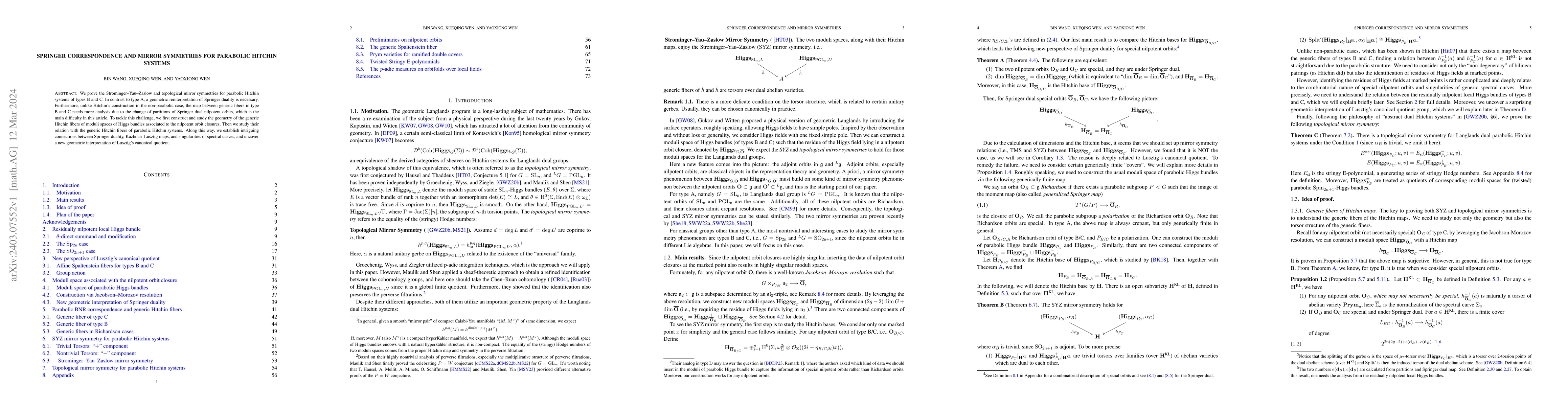 Thumbnail for Springer correspondence and mirror symmetries for parabolic Hitchin
  systems