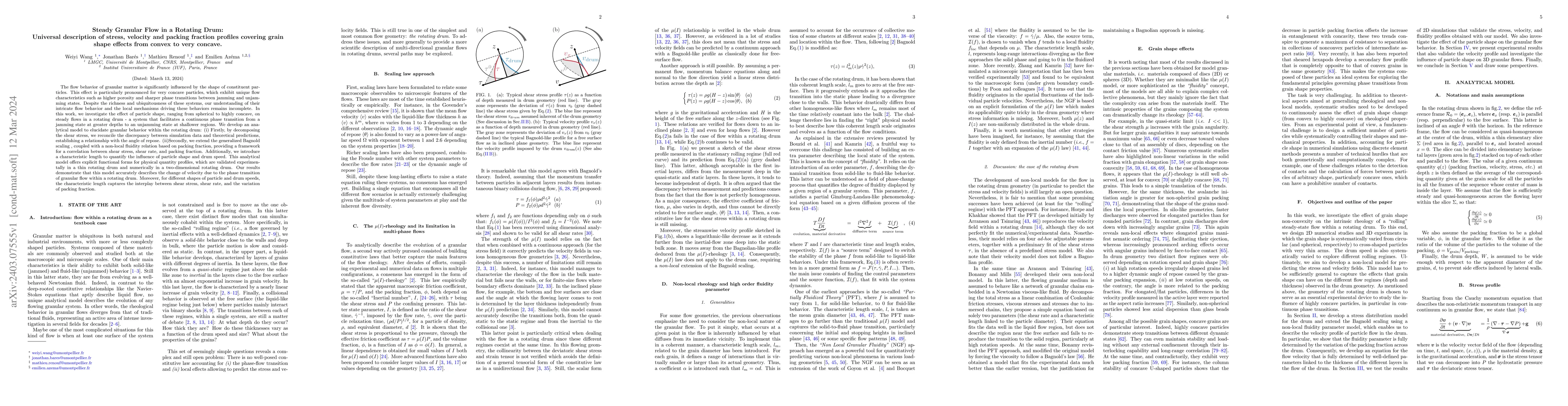 Thumbnail for Steady Granular Flow in a Rotating Drum: Universal description of
  stress, velocity and packing fraction profiles covering grain shape effects
  from convex to very concave
