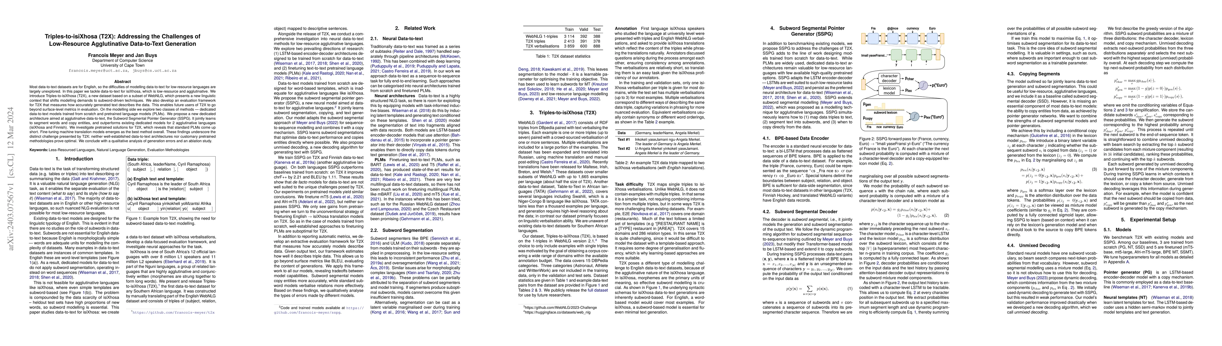 Thumbnail for Triples-to-isiXhosa (T2X): Addressing the Challenges of Low-Resource
  Agglutinative Data-to-Text Generation