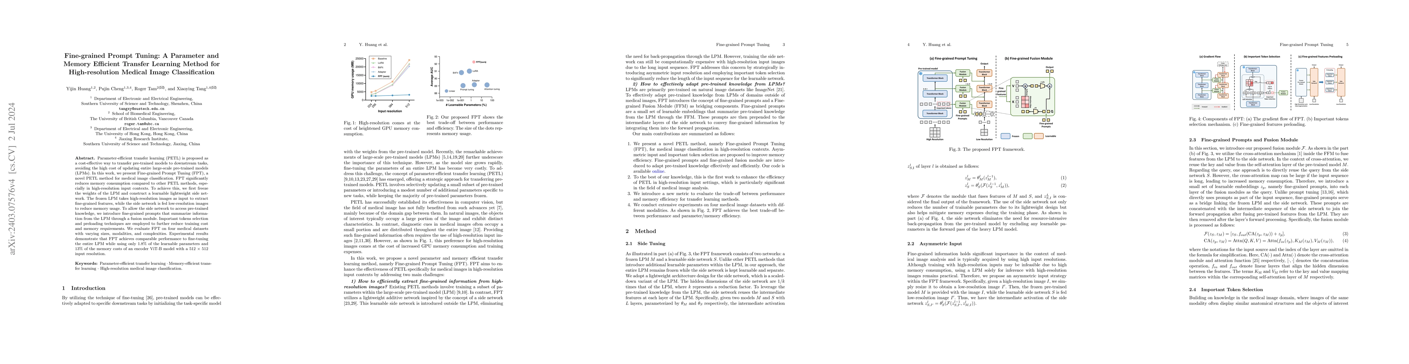 Thumbnail for Fine-grained Prompt Tuning: A Parameter and Memory Efficient Transfer
  Learning Method for High-resolution Medical Image Classification