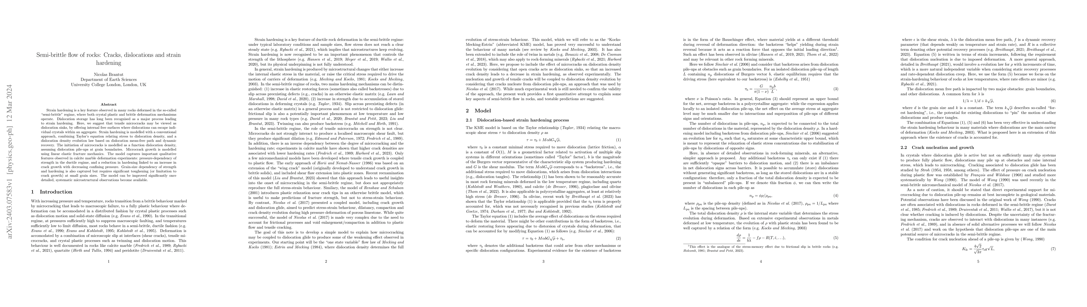 Thumbnail for Semi-brittle flow of rocks: Cracks, dislocations and strain hardening