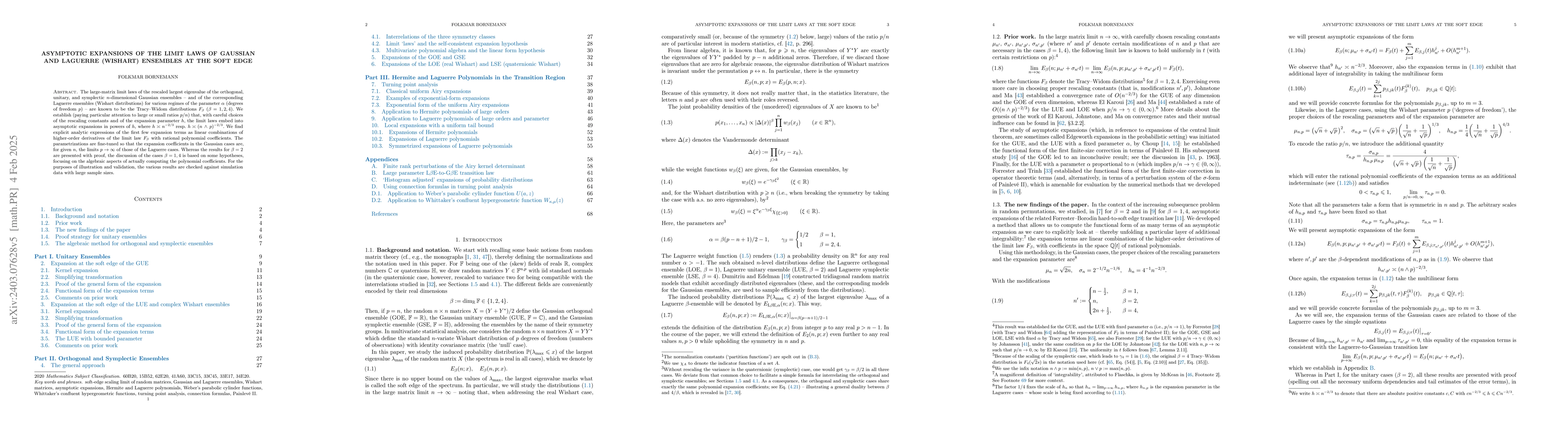 Thumbnail for Asymptotic Expansions of the Limit Laws of Gaussian and Laguerre
  (Wishart) Ensembles at the Soft Edge