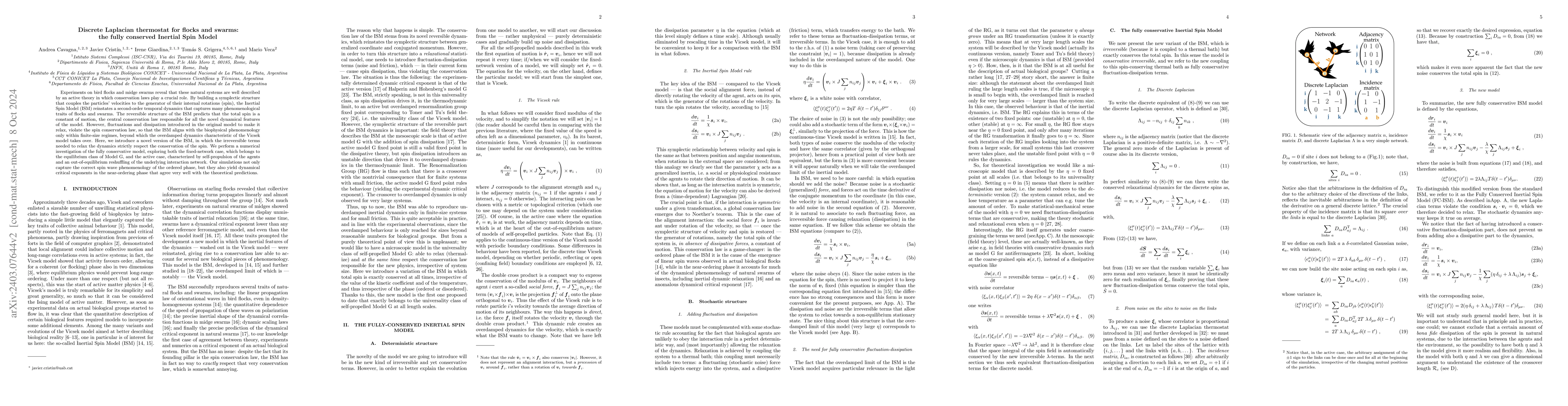Thumbnail for Discrete Laplacian thermostat for flocks and swarms: the fully conserved
  Inertial Spin Model