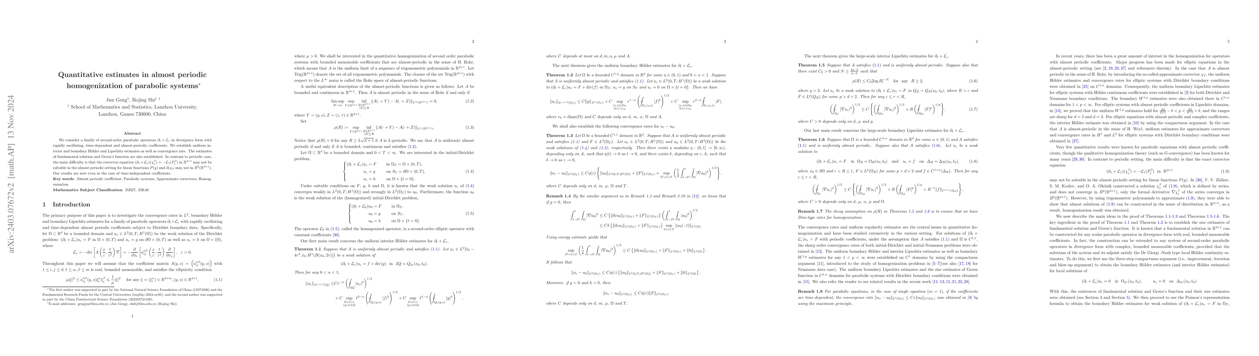 Thumbnail for Quantitative estimates in almost periodic homogenization of parabolic
  systems