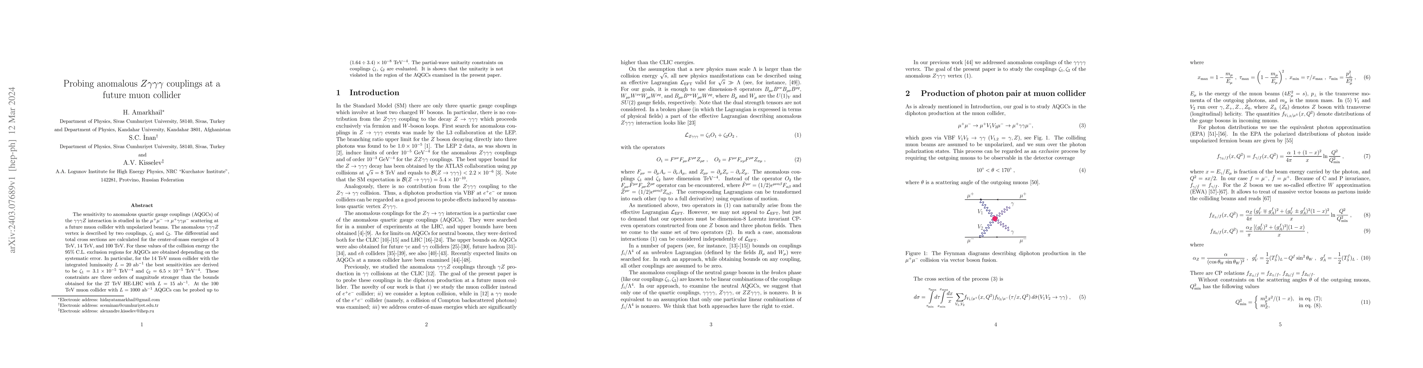 Thumbnail for Probing anomalous $Z\gamma\gamma\gamma$ couplings at a future muon
  collider