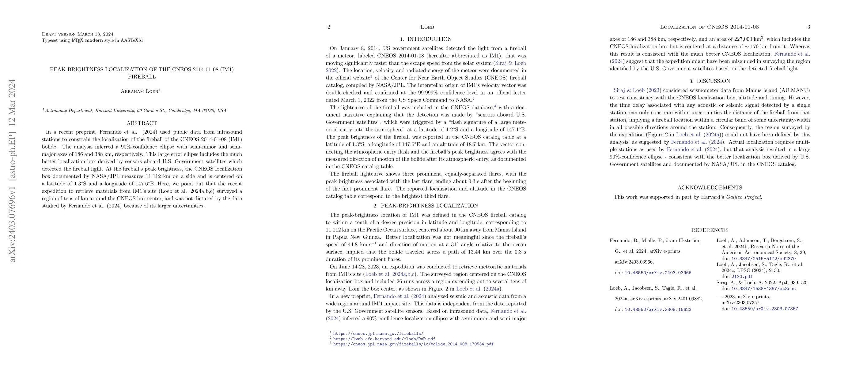 Thumbnail for Peak-Brightness Localization of the CNEOS 2014-01-08 (IM1) Fireball