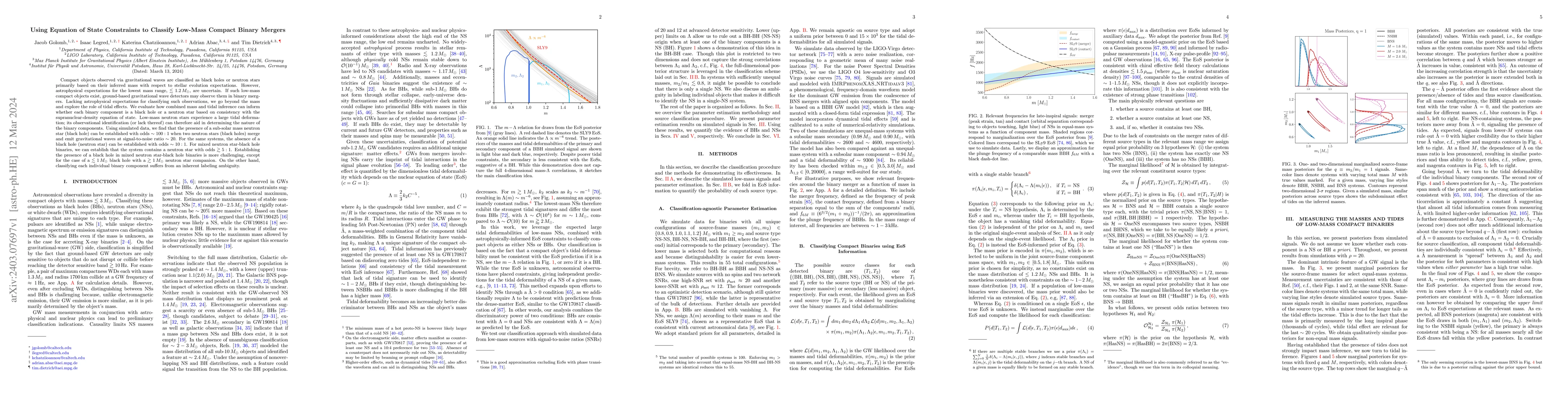 Thumbnail for Using Equation of State Constraints to Classify Low-Mass Compact Binary
  Mergers