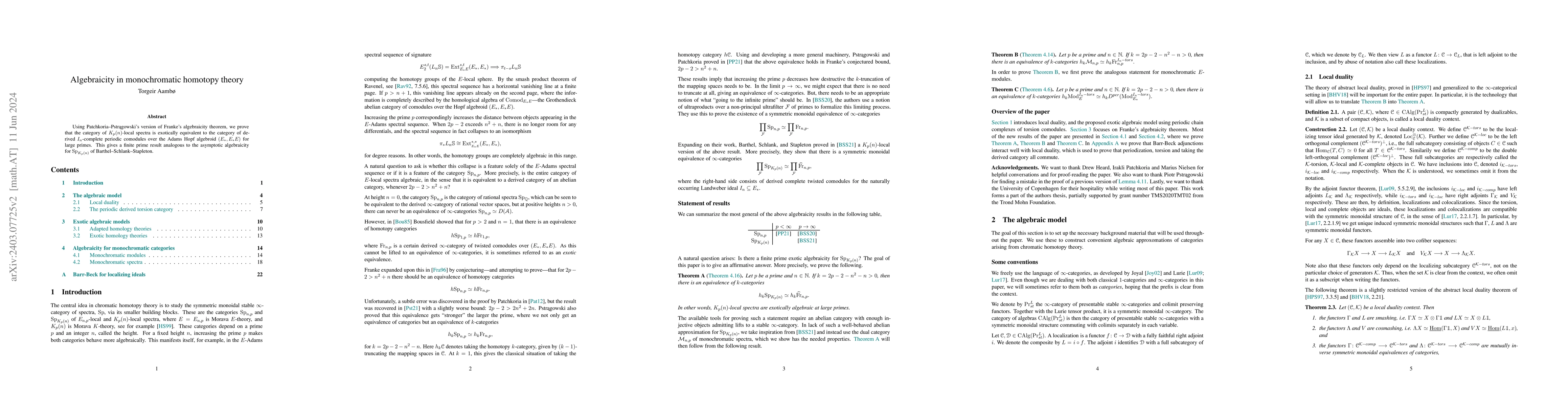 Thumbnail for Algebraicity in monochromatic homotopy theory