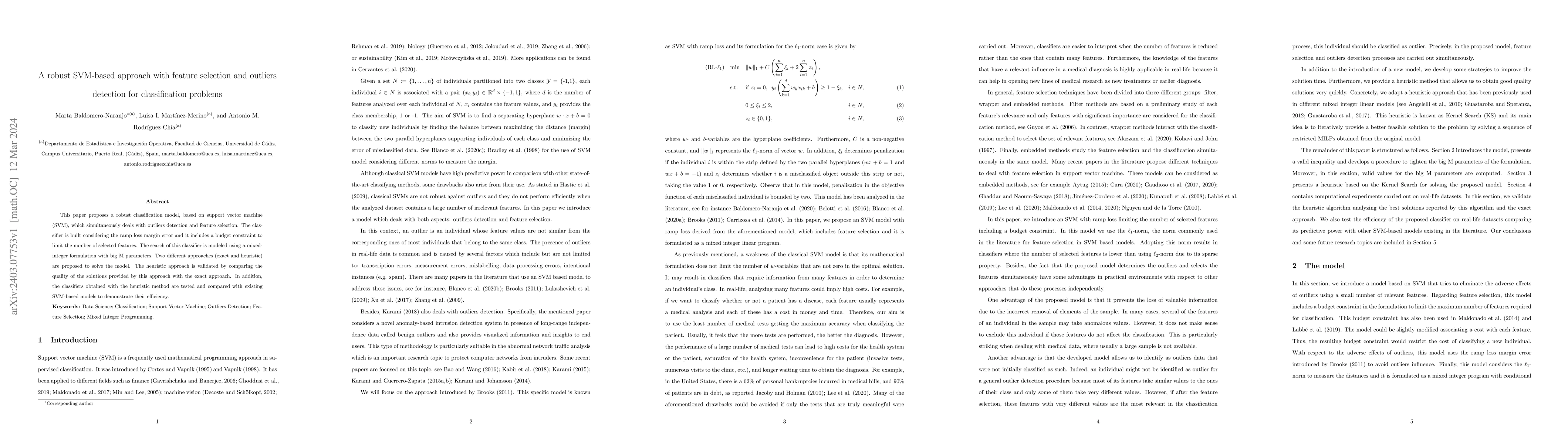 Thumbnail for A robust SVM-based approach with feature selection and outliers
  detection for classification problems