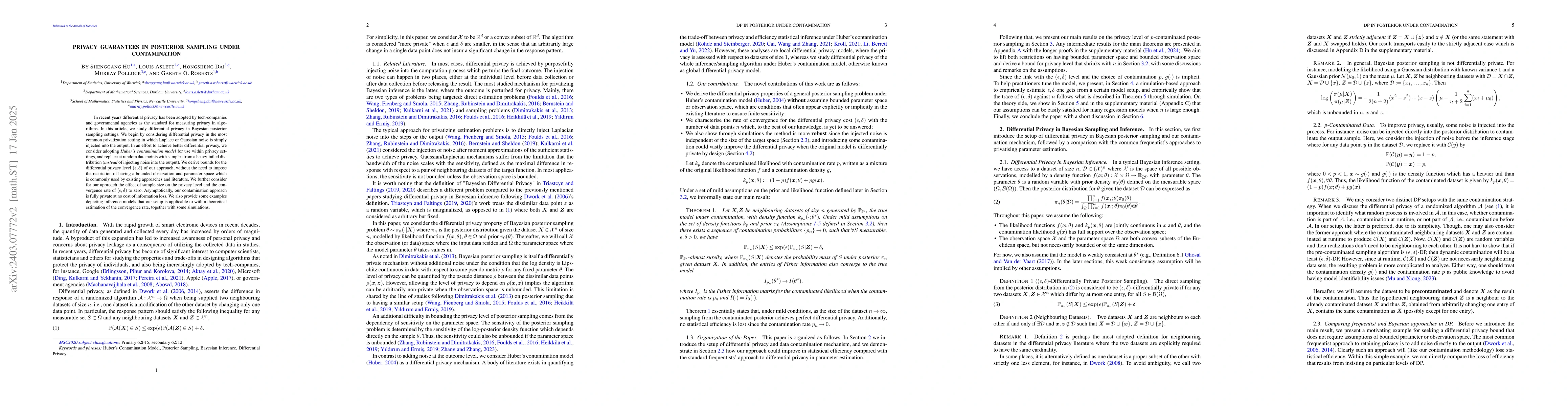 Thumbnail for Privacy Guarantees in Posterior Sampling under Contamination