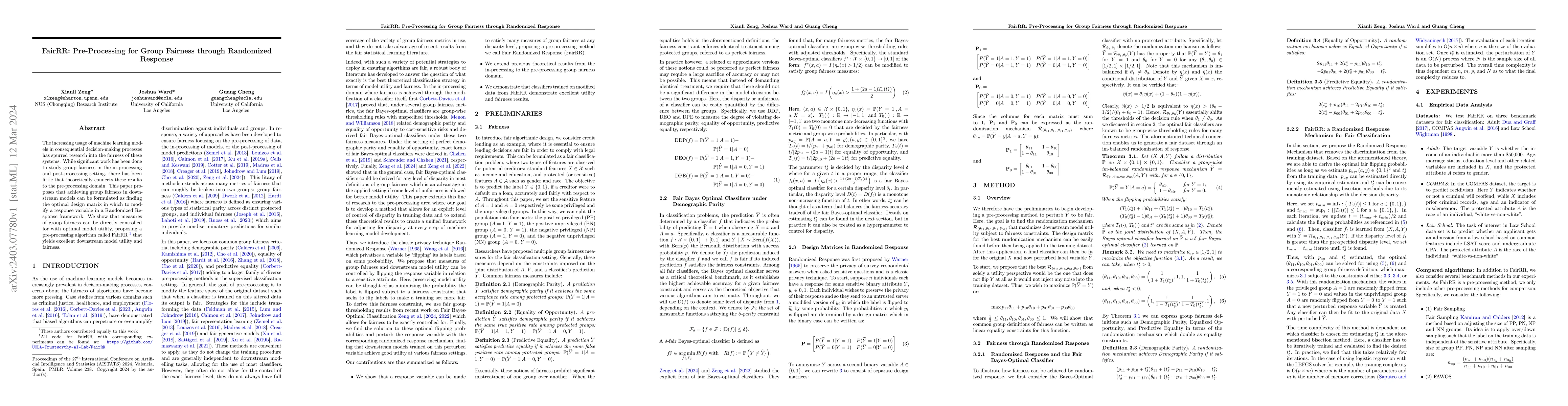 Thumbnail for FairRR: Pre-Processing for Group Fairness through Randomized Response