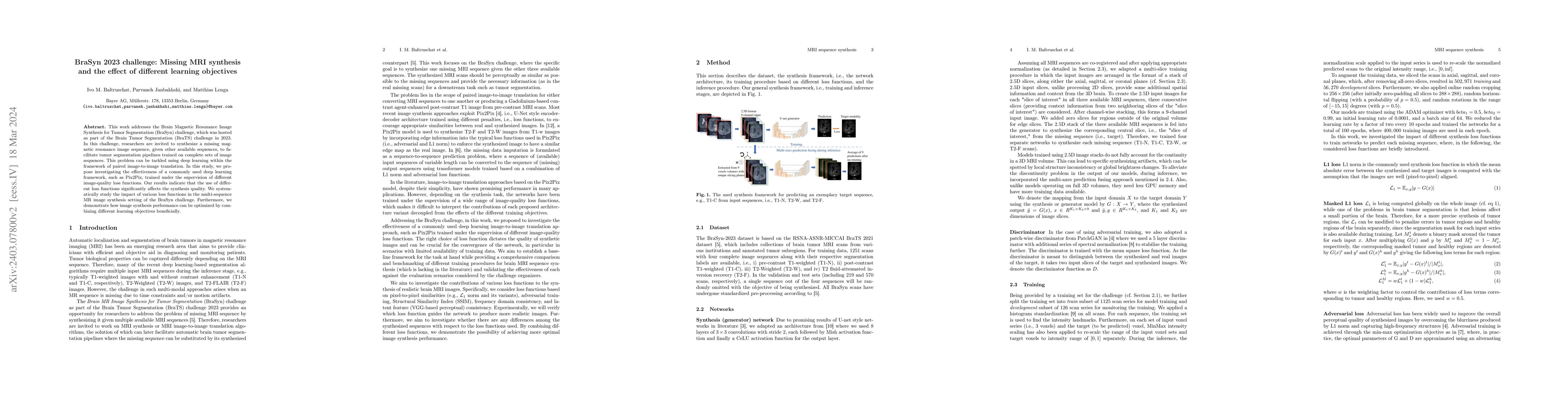 Thumbnail for BraSyn 2023 challenge: Missing MRI synthesis and the effect of different
  learning objectives