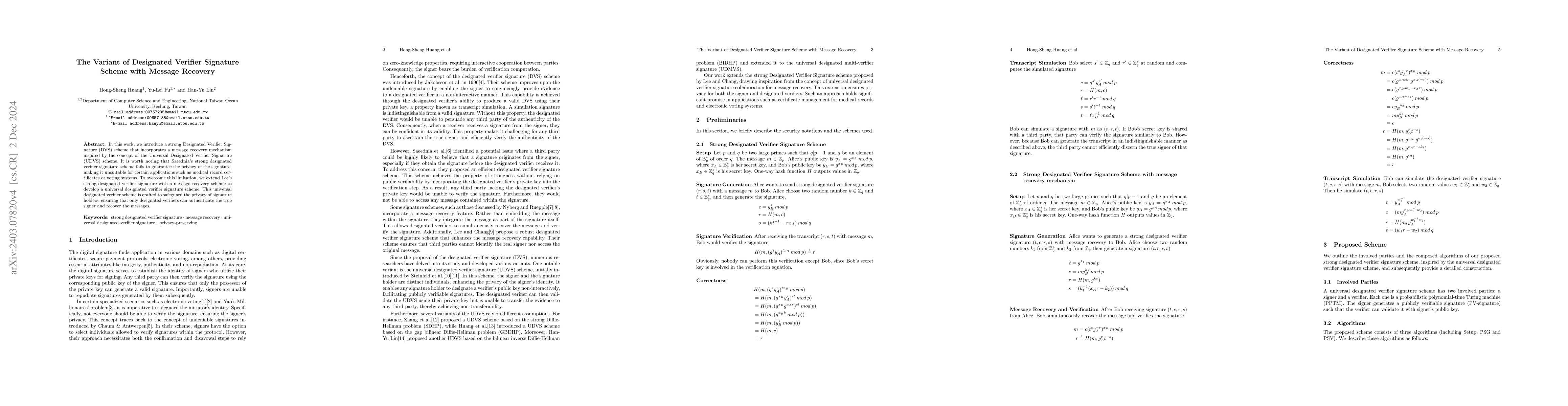 Thumbnail for The Variant of Designated Verifier Signature Scheme with Message
  Recovery