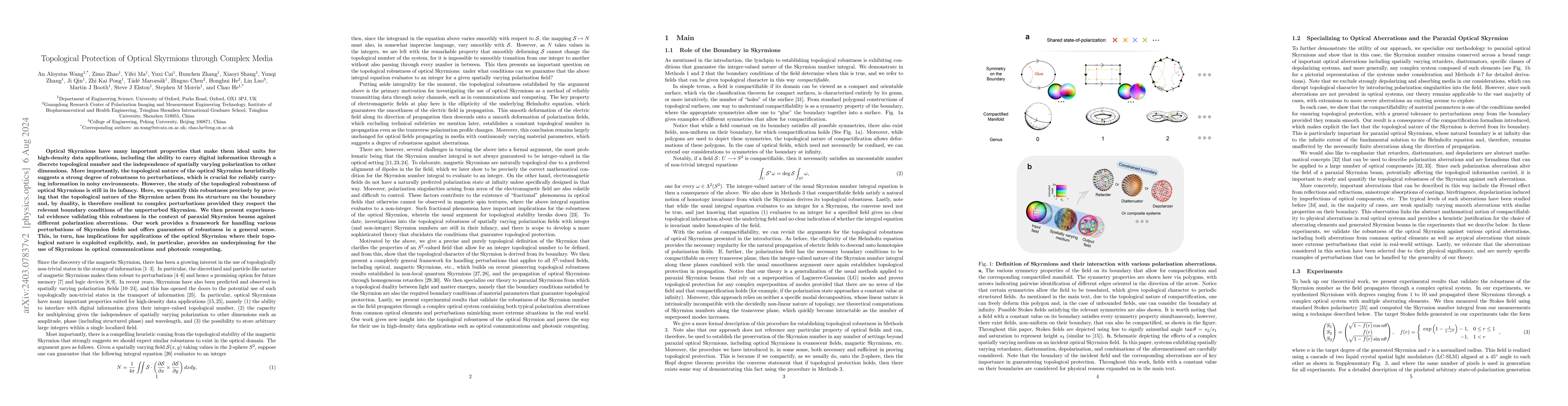 Thumbnail for Topological Protection of Optical Skyrmions through Complex Media