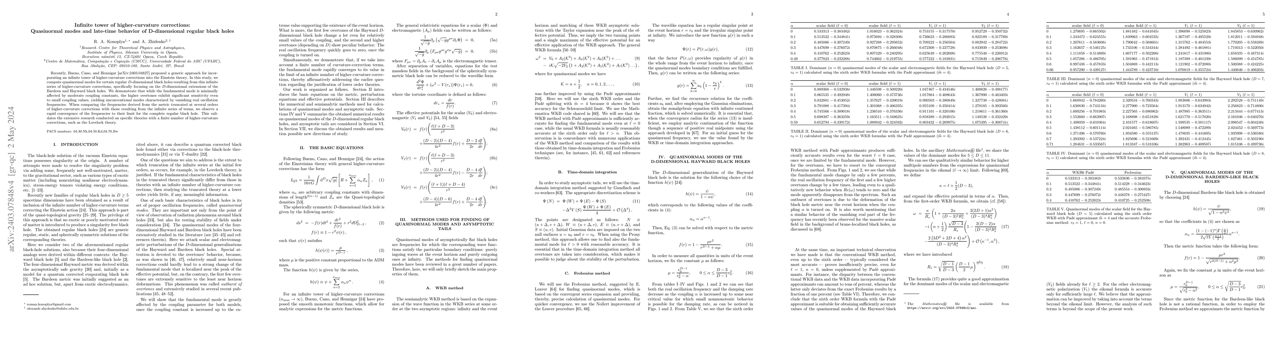 Thumbnail for Infinite tower of higher-curvature corrections: Quasinormal modes and
  late-time behavior of D-dimensional regular black holes