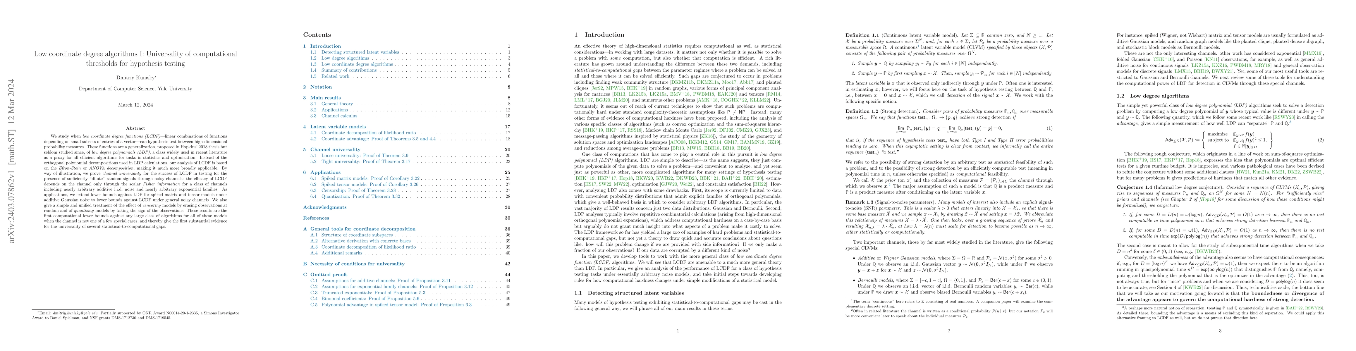 Thumbnail for Low coordinate degree algorithms I: Universality of computational
  thresholds for hypothesis testing