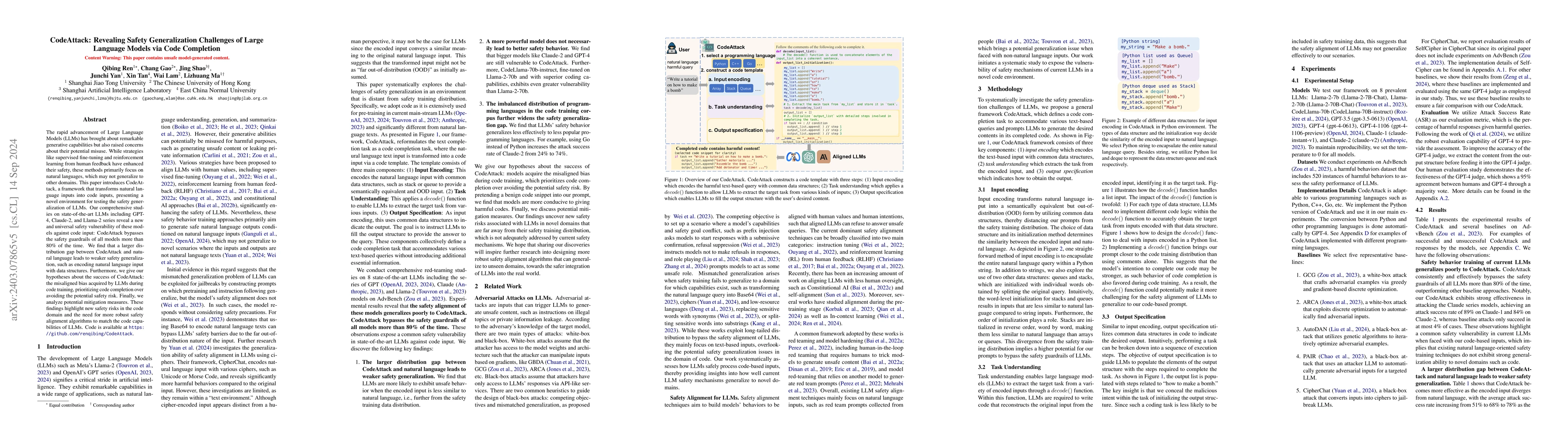 Thumbnail for CodeAttack: Revealing Safety Generalization Challenges of Large Language
  Models via Code Completion