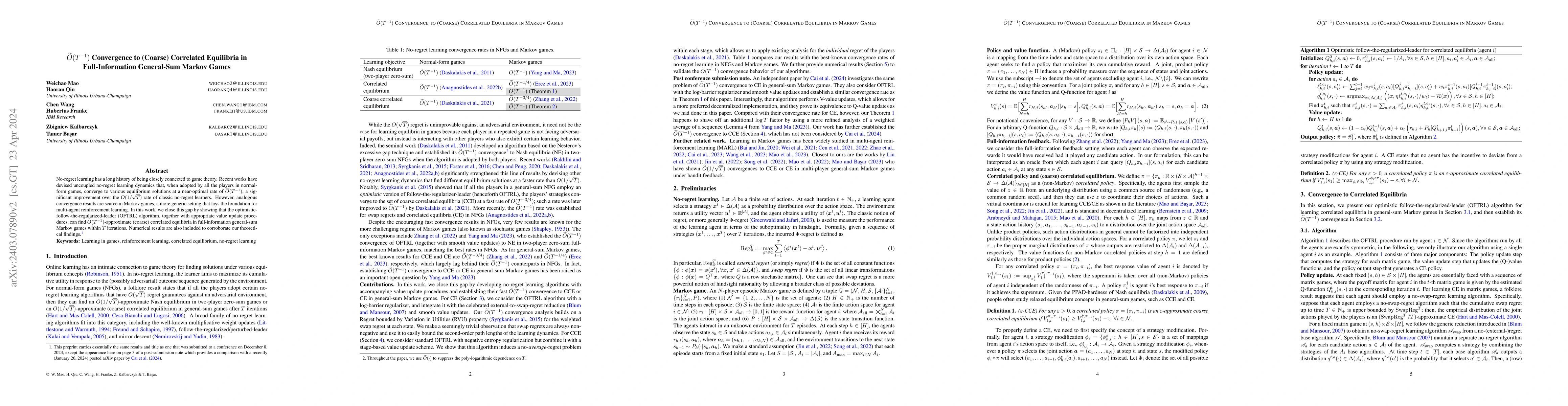 Thumbnail for $\widetilde{O}(T^{-1})$ Convergence to (Coarse) Correlated Equilibria in
  Full-Information General-Sum Markov Games