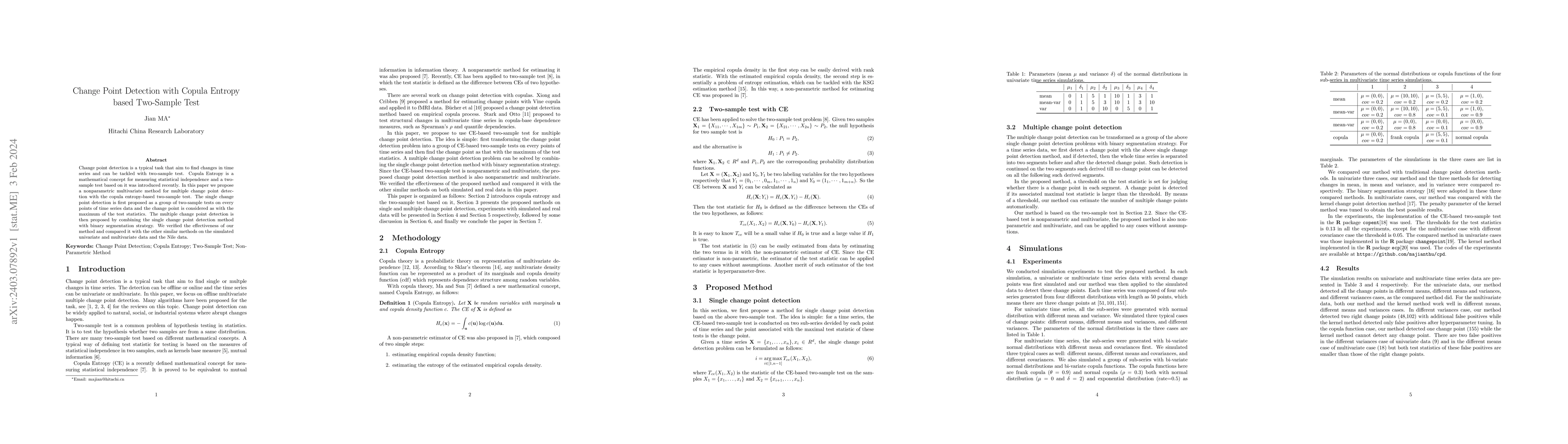 Thumbnail for Change Point Detection with Copula Entropy based Two-Sample Test