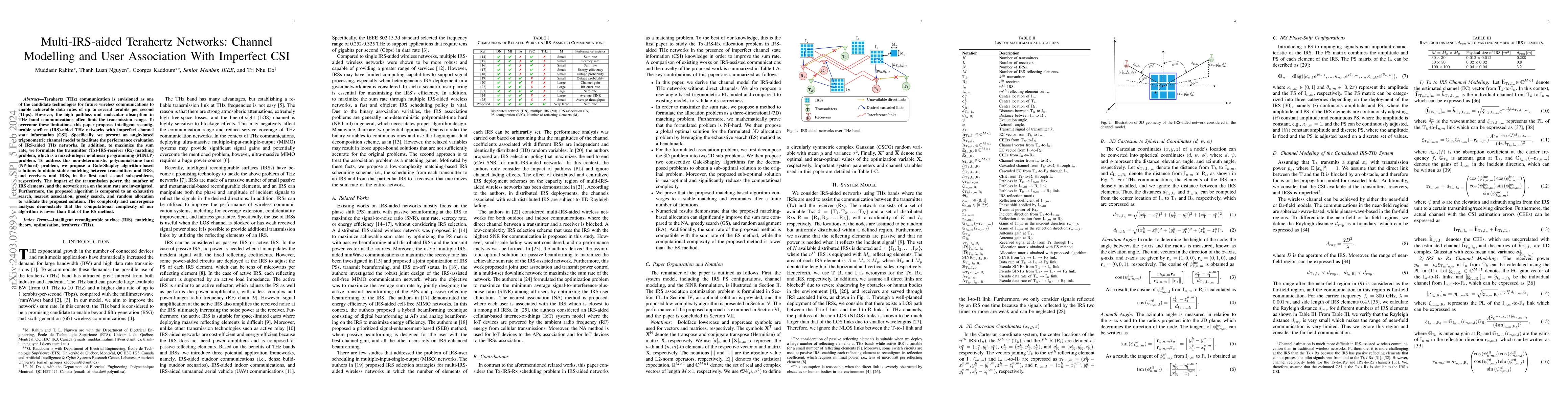 Thumbnail for Multi-IRS-aided Terahertz Networks: Channel Modelling and User
  Association With Imperfect CSI
