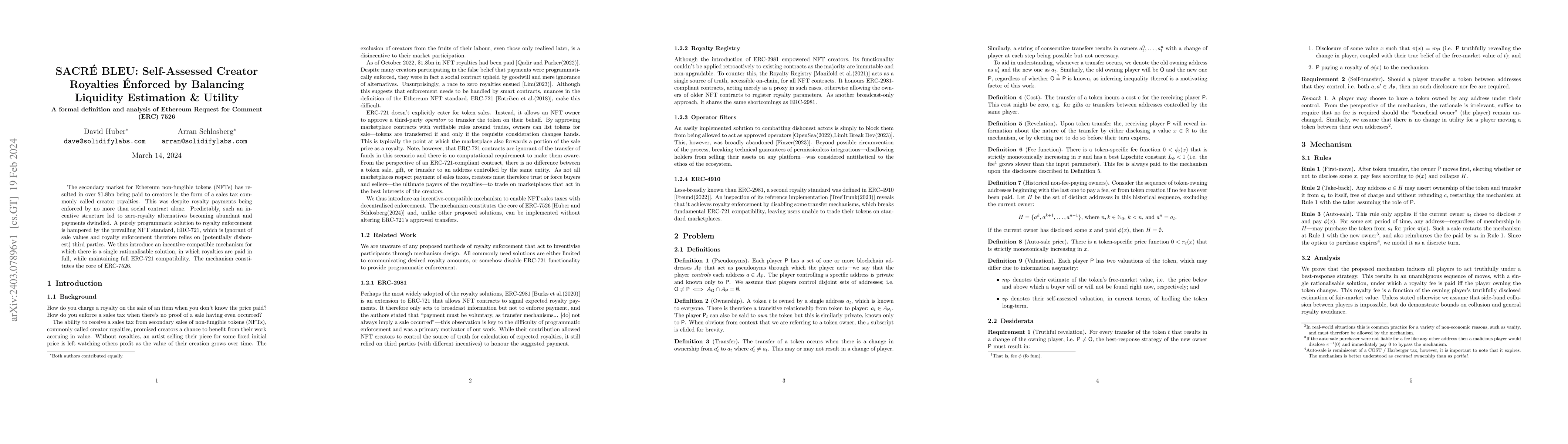 Thumbnail for SACR\'E BLEU: Self-Assessed Creator Royalties \'Enforced by Balancing
  Liquidity Estimation & Utility (A formal definition and analysis of Ethereum
  Request for Comment ERC-7526)