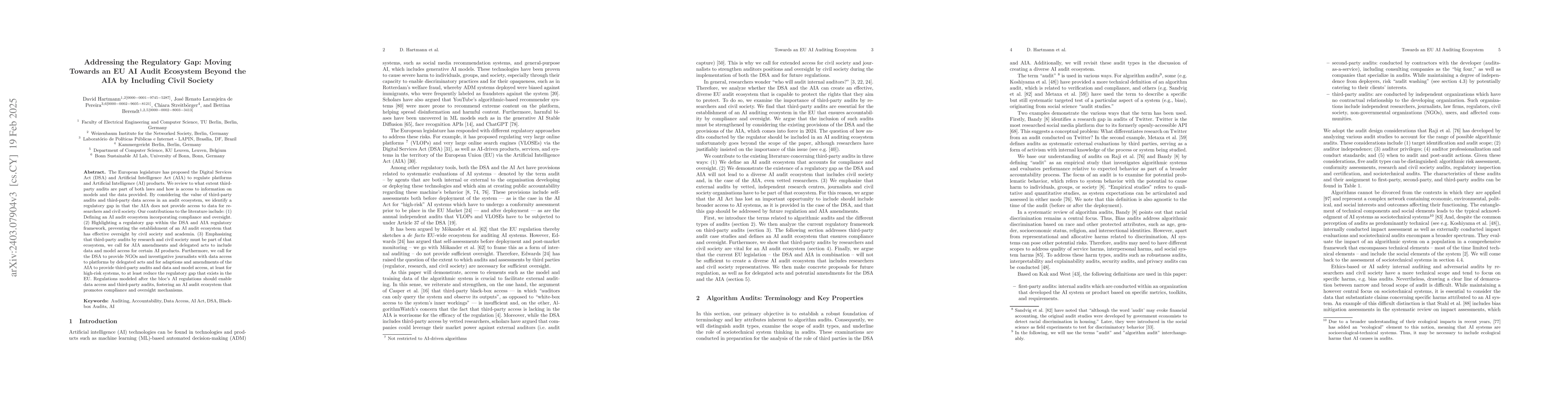 Thumbnail for Addressing the Regulatory Gap: Moving Towards an EU AI Audit Ecosystem
  Beyond the AIA by Including Civil Society