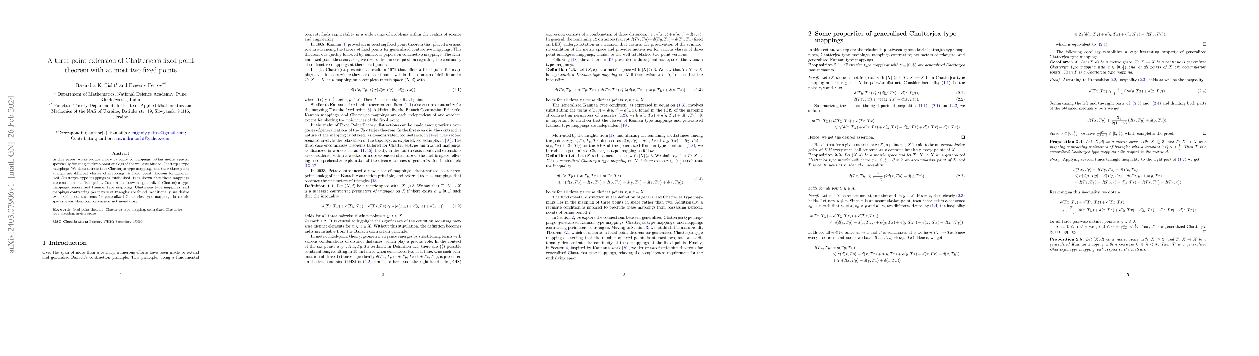 Thumbnail for A three point extension of Chatterjea's fixed point theorem with at most
  two fixed points