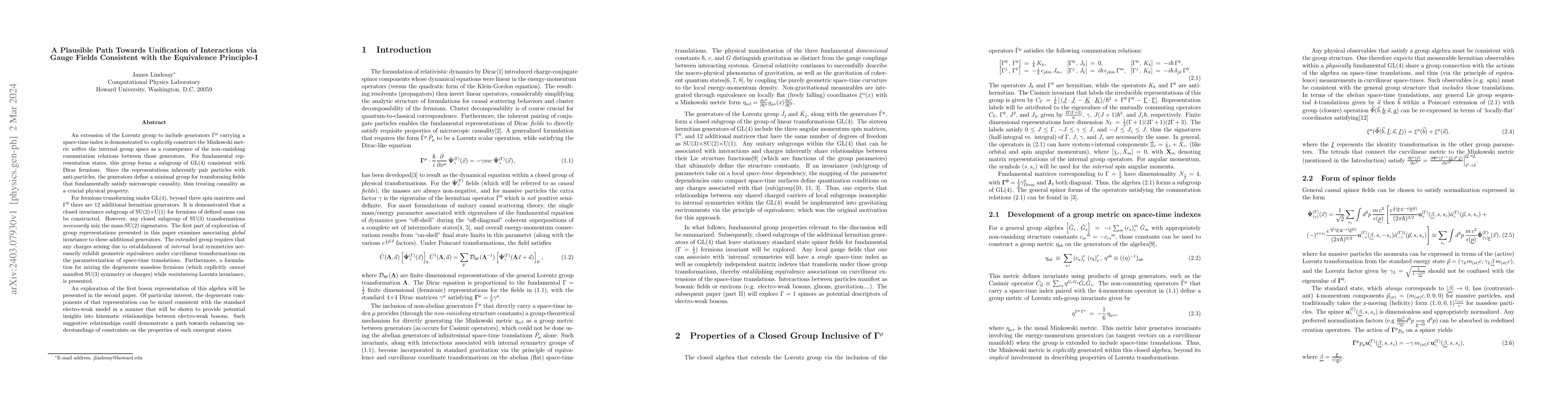 Thumbnail for A Plausible Path Towards Unification of Interactions via Gauge Fields
  Consistent with the Equivalence Principle-I
