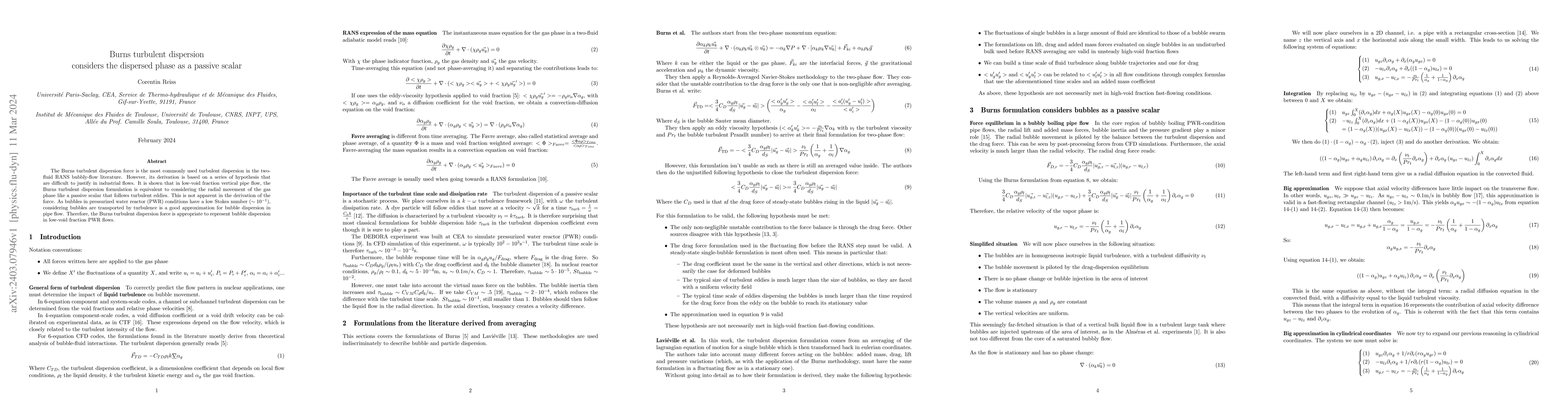 Thumbnail for Burns turbulent dispersion considers the dispersed phase as a passive
  scalar