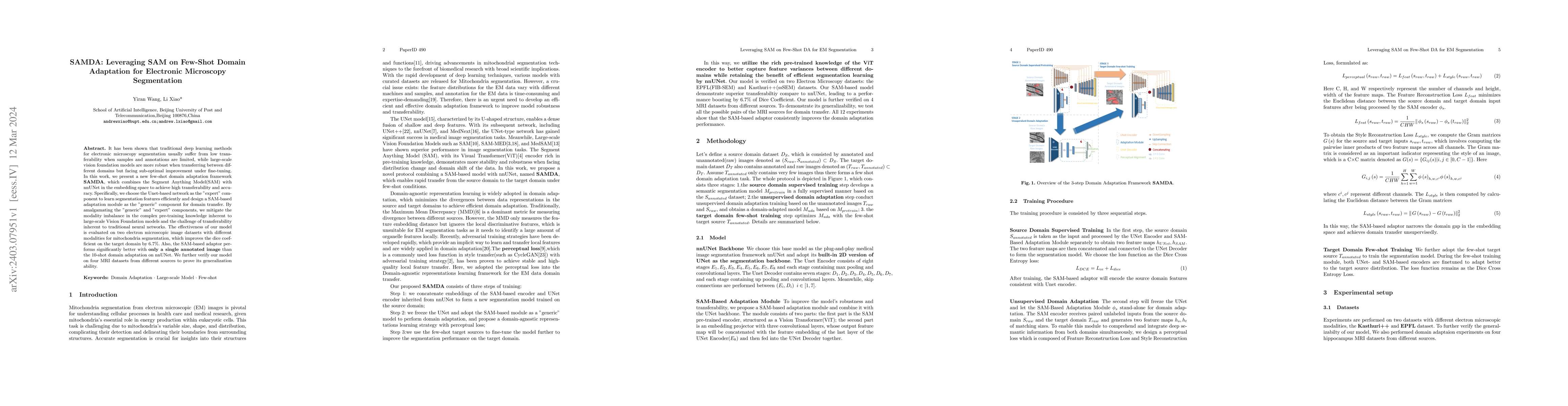 Thumbnail for SAMDA: Leveraging SAM on Few-Shot Domain Adaptation for Electronic
  Microscopy Segmentation
