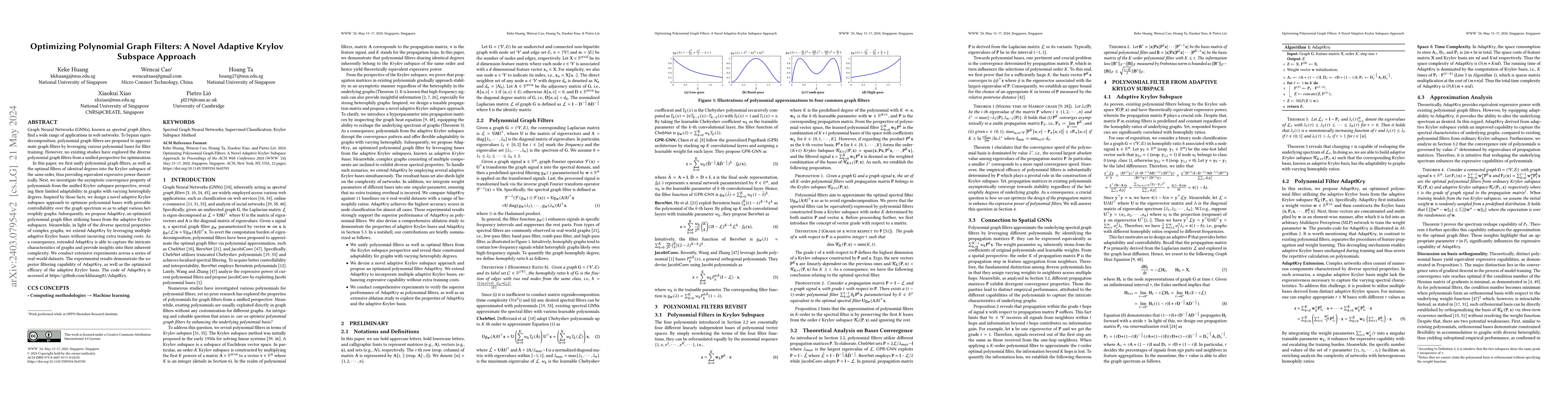 Thumbnail for Optimizing Polynomial Graph Filters: A Novel Adaptive Krylov Subspace
  Approach