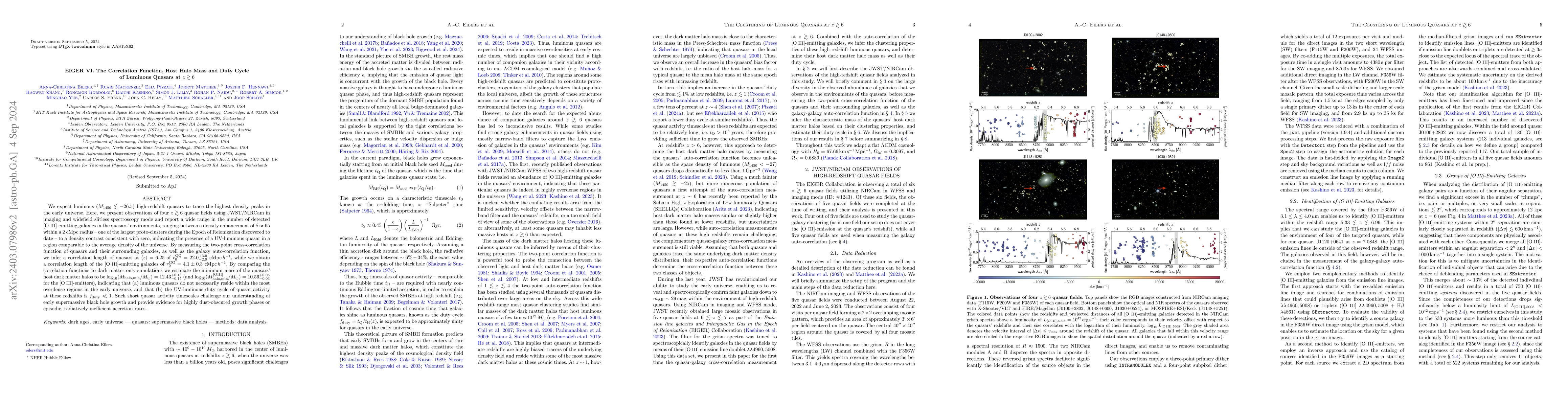 Thumbnail for EIGER VI. The Correlation Function, Host Halo Mass and Duty Cycle of
  Luminous Quasars at $z\gtrsim6$