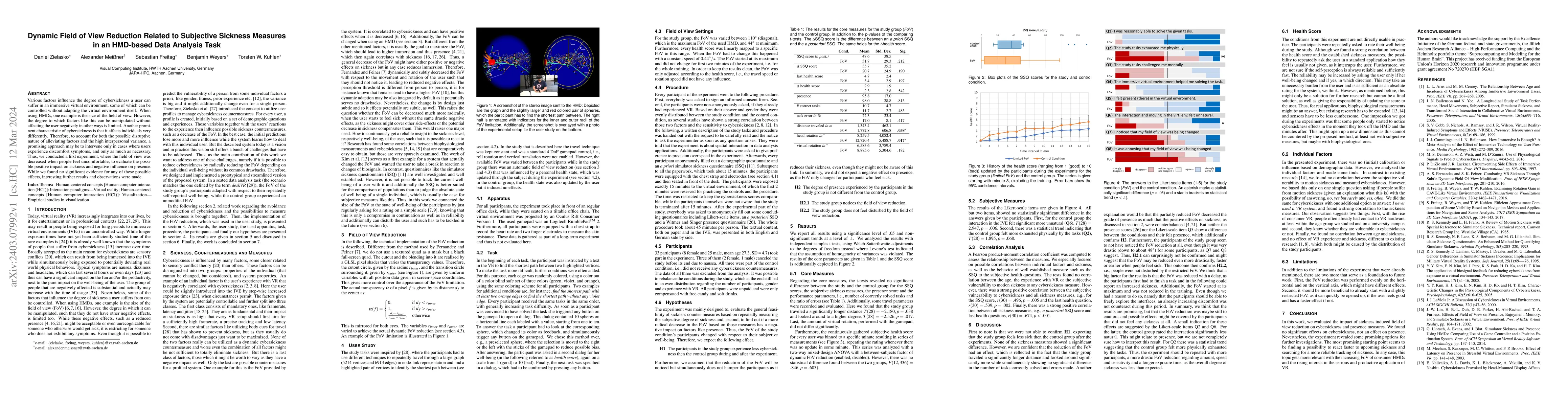 Thumbnail for Dynamic Field of View Reduction Related to Subjective Sickness Measures
  in an HMD-based Data Analysis Task