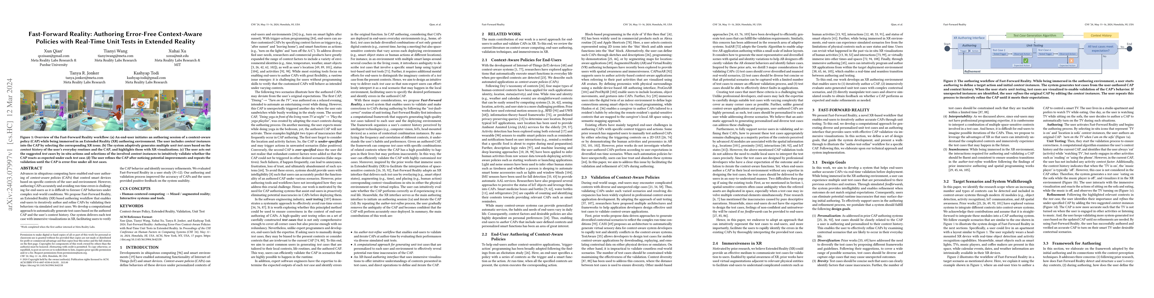 Thumbnail for Fast-Forward Reality: Authoring Error-Free Context-Aware Policies with
  Real-Time Unit Tests in Extended Reality