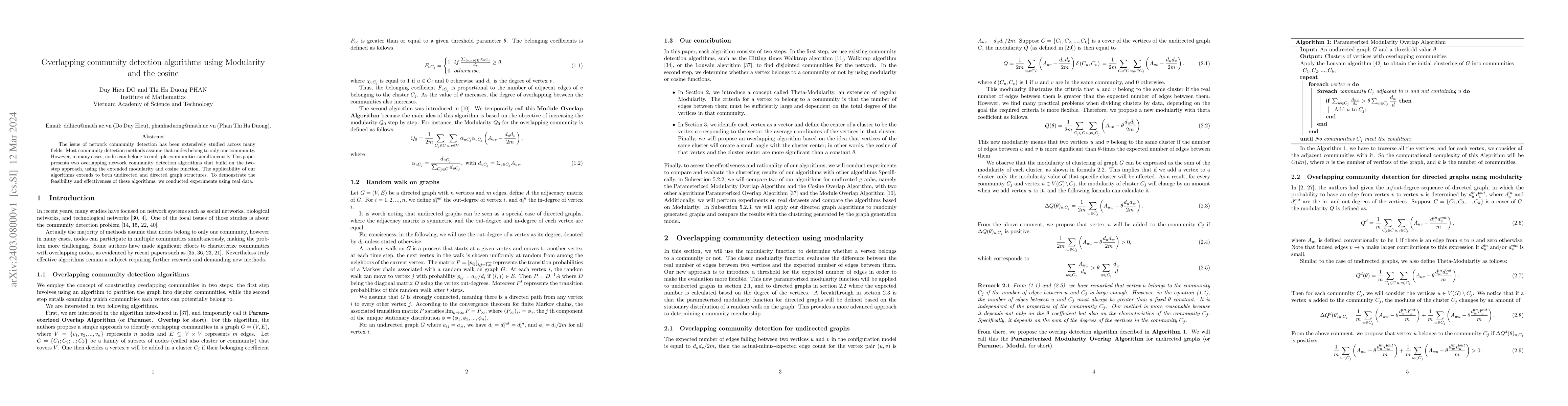 Thumbnail for Overlapping community detection algorithms using Modularity and the
  cosine
