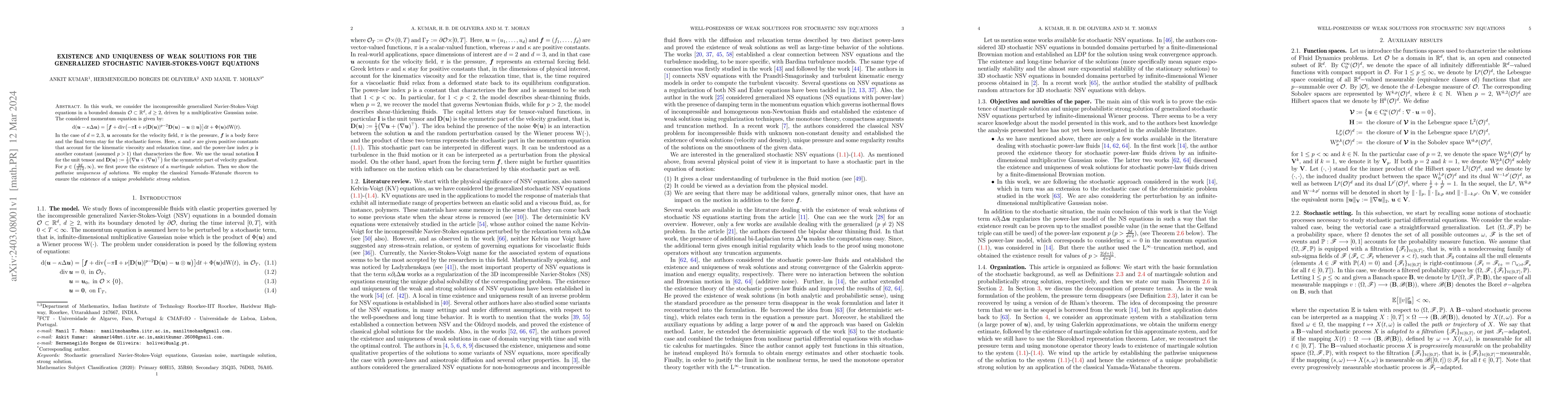 Thumbnail for Existence and uniqueness of weak solutions for the generalized
  stochastic Navier-Stokes-Voigt equations