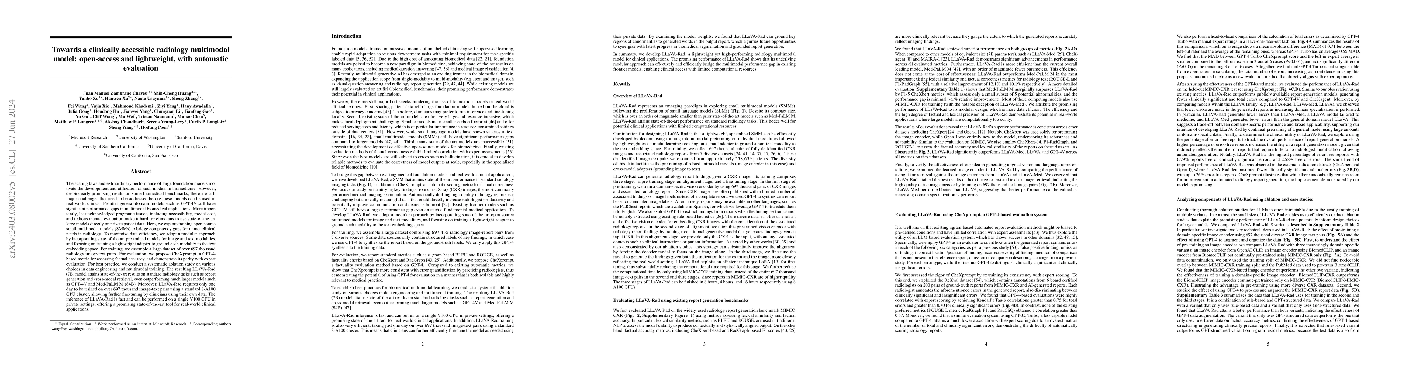 Thumbnail for Towards a clinically accessible radiology foundation model: open-access
  and lightweight, with automated evaluation