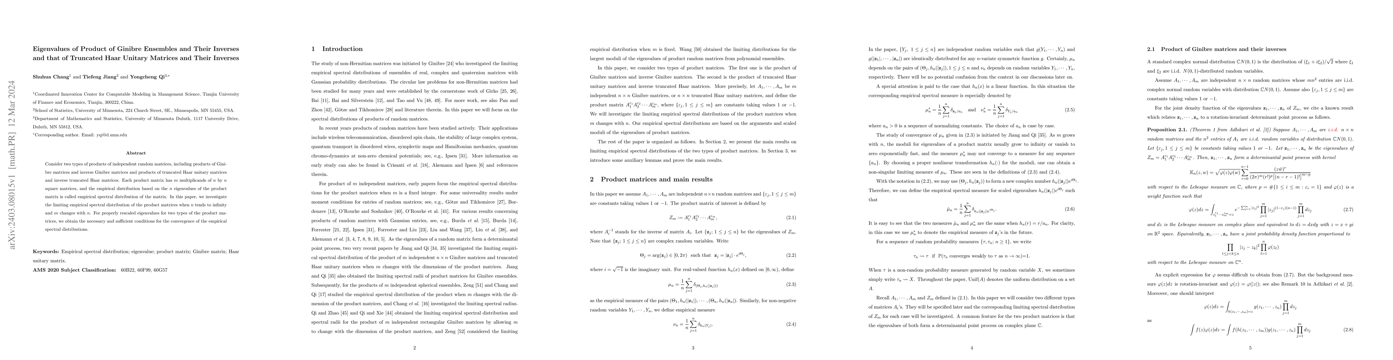 Thumbnail for Eigenvalues of Product of Ginibre Ensembles and Their Inverses and that
  of Truncated Haar Unitary Matrices and Their Inverses