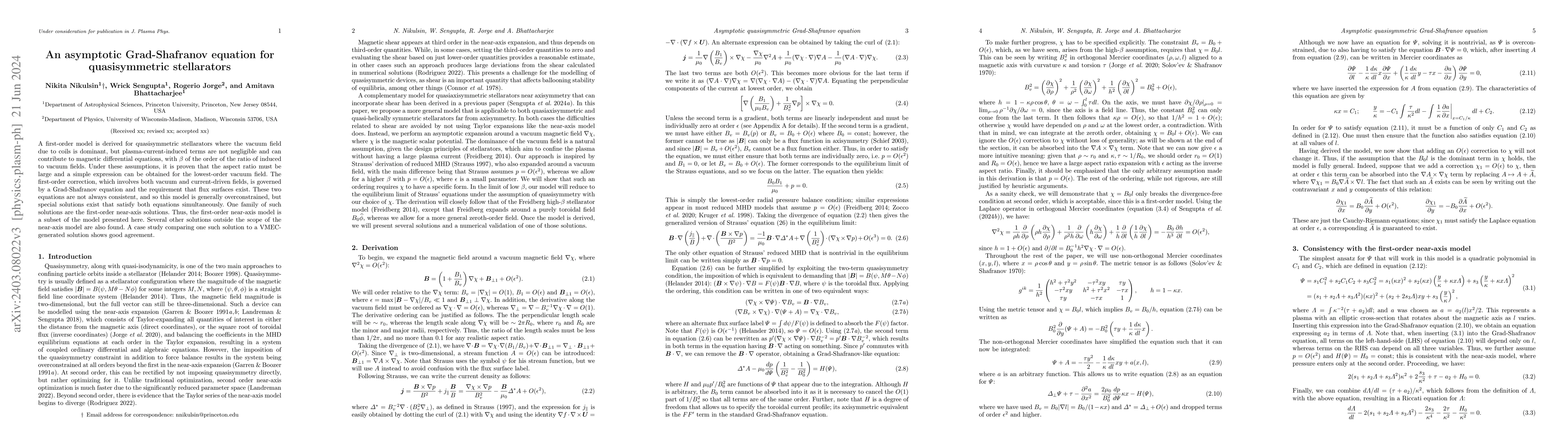 Thumbnail for An asymptotic Grad-Shafranov equation for quasisymmetric stellarators