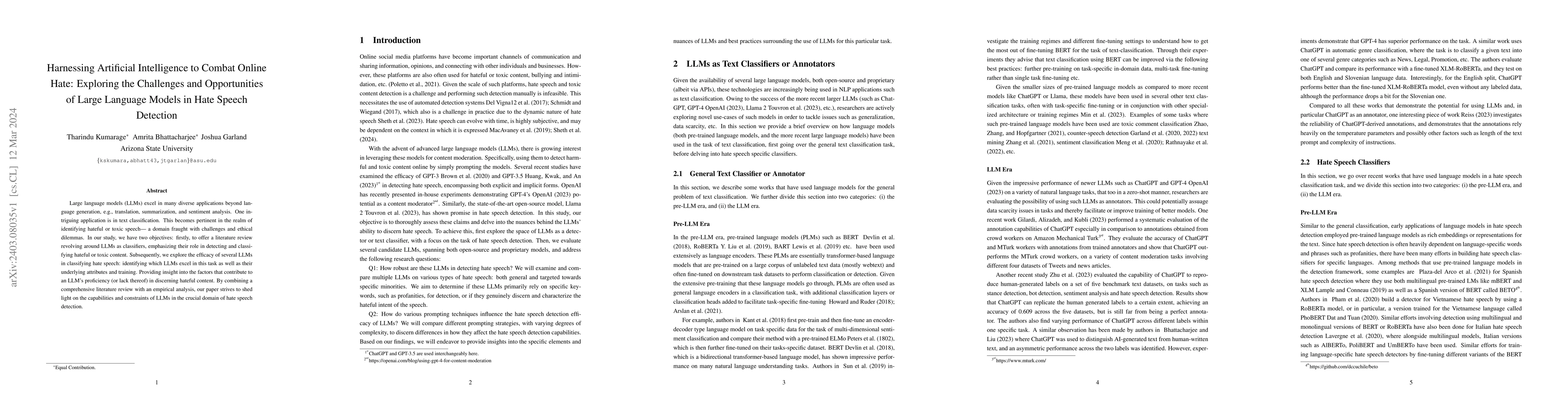 Thumbnail for Harnessing Artificial Intelligence to Combat Online Hate: Exploring the
  Challenges and Opportunities of Large Language Models in Hate Speech
  Detection