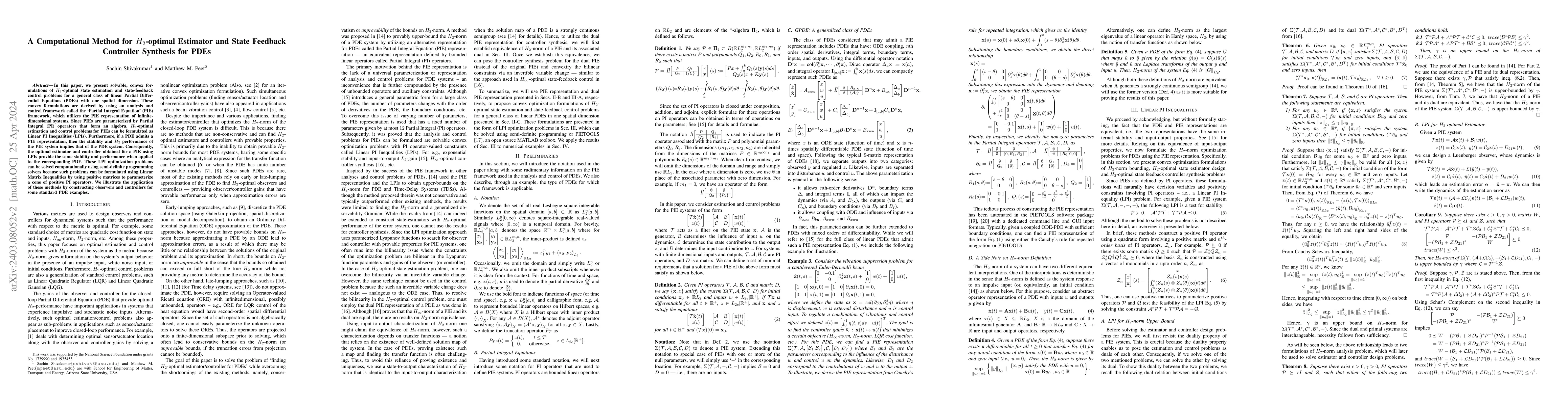 Thumbnail for A Computational Method for $H_2$-optimal Estimator and State Feedback
  Controller Synthesis for PDEs