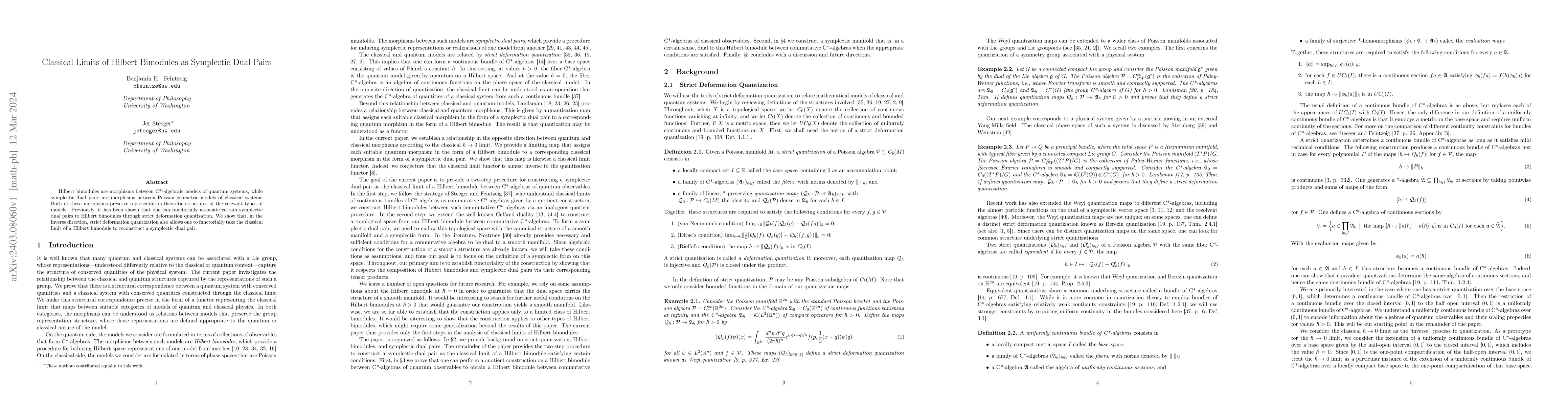 Thumbnail for Classical Limits of Hilbert Bimodules as Symplectic Dual Pairs
