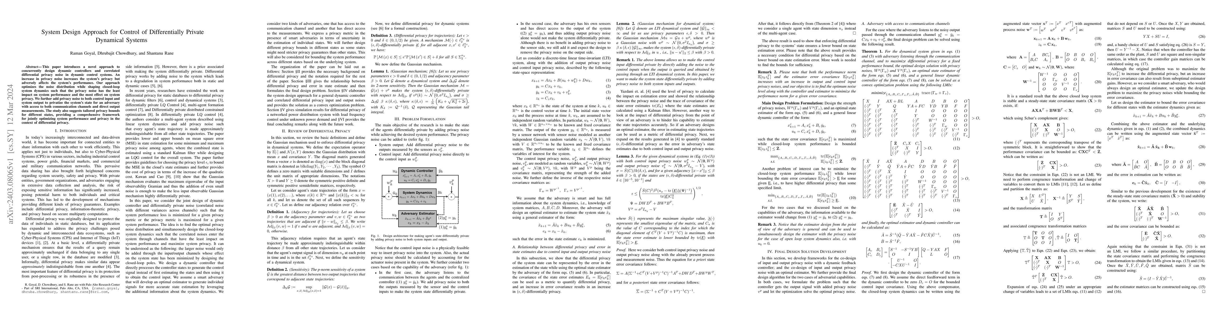 Thumbnail for System Design Approach for Control of Differentially Private Dynamical
  Systems