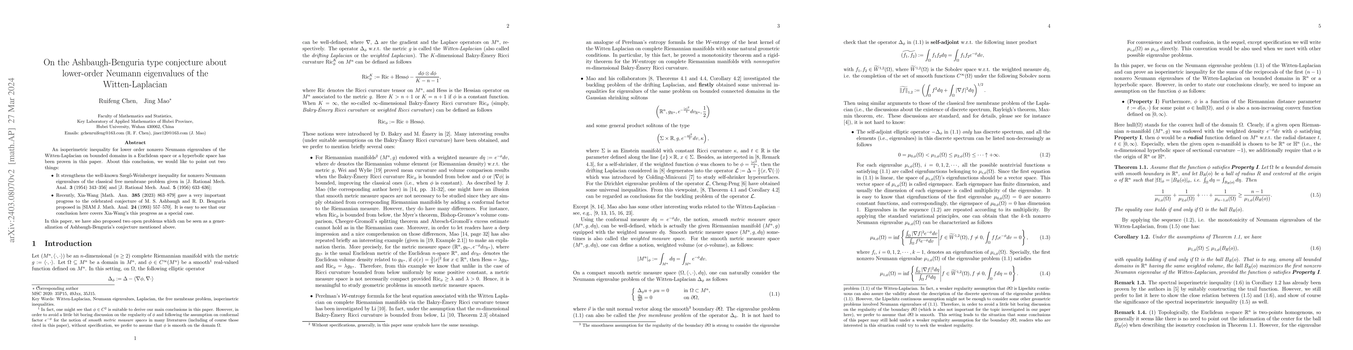 Thumbnail for On the Ashbaugh-Benguria type conjecture about lower-order Neumann
  eigenvalues of the Witten-Laplacian
