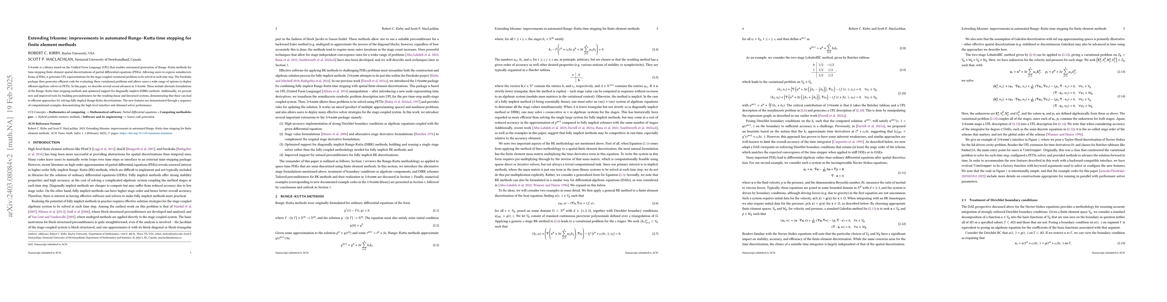 Thumbnail for Extending Irksome: improvements in automated Runge--Kutta time stepping
  for finite element methods