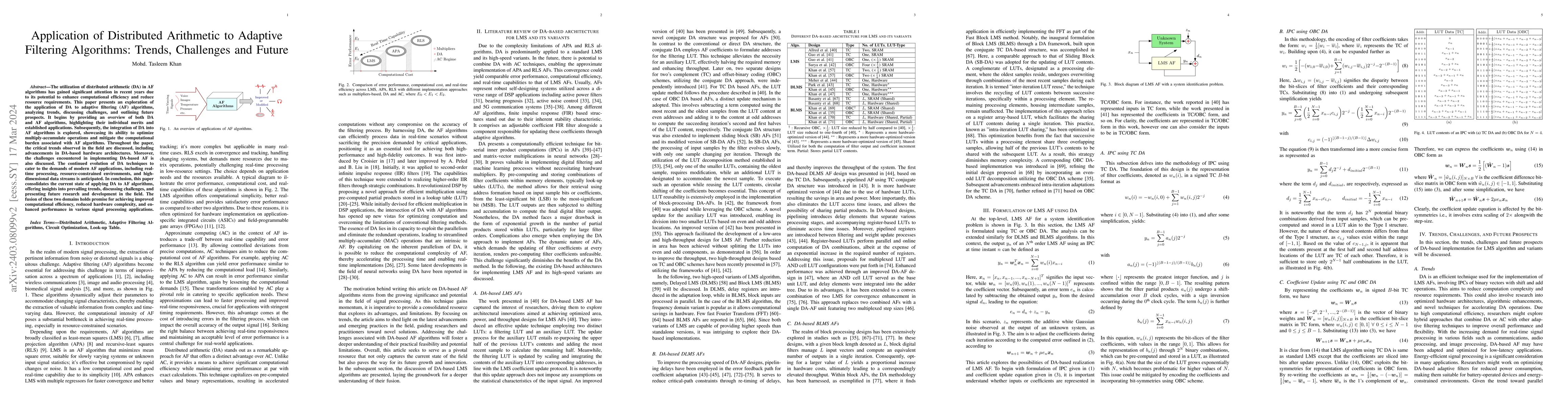 Thumbnail for Application of Distributed Arithmetic to Adaptive Filtering Algorithms:
  Trends, Challenges and Future