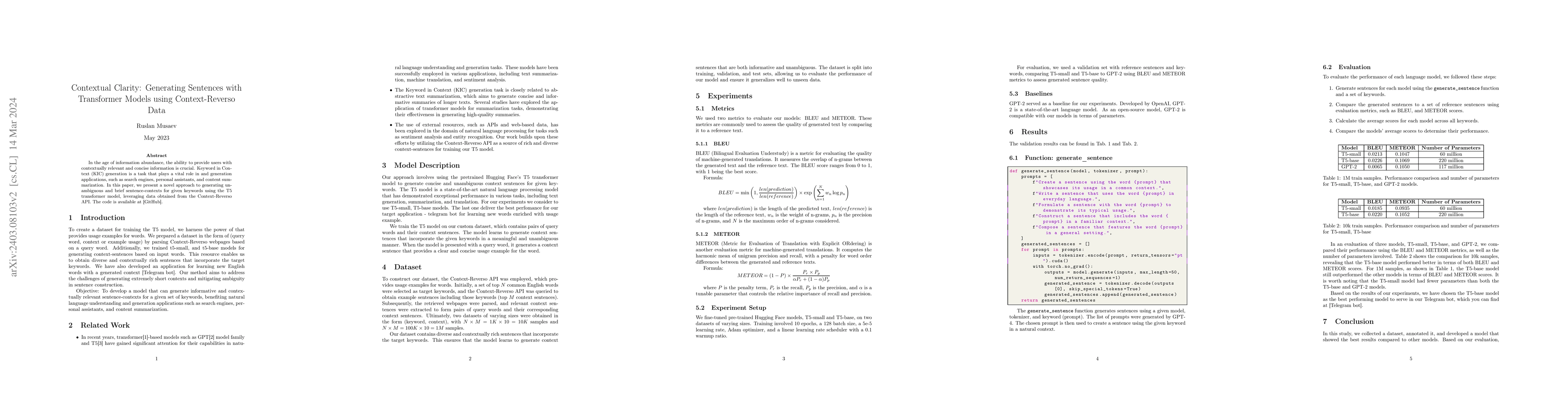 Thumbnail for Contextual Clarity: Generating Sentences with Transformer Models using
  Context-Reverso Data